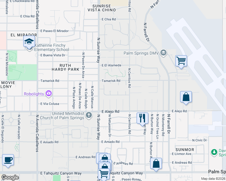 map of restaurants, bars, coffee shops, grocery stores, and more near 672 North Majorca Circle in Palm Springs