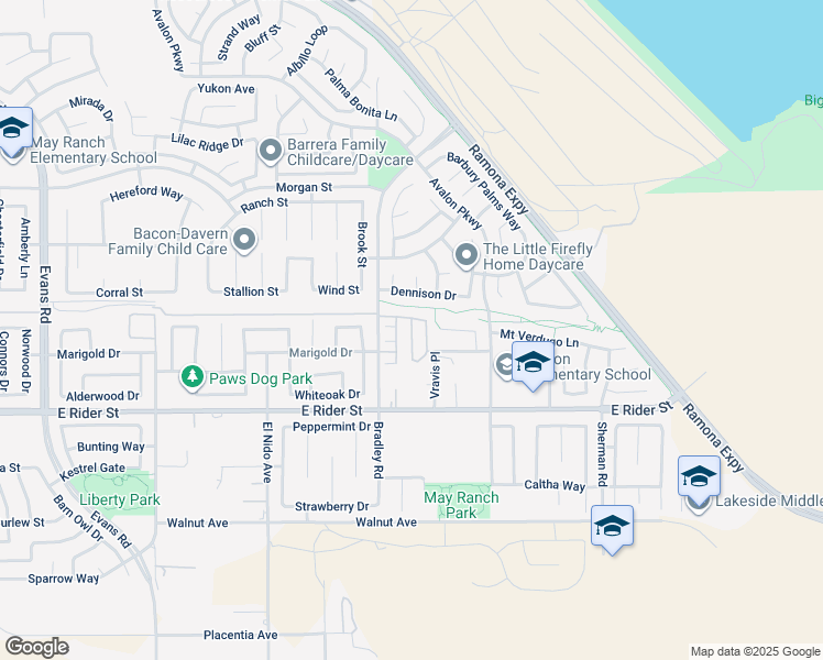 map of restaurants, bars, coffee shops, grocery stores, and more near Wind Chime Lane in Perris