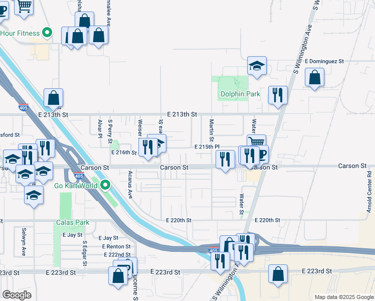 map of restaurants, bars, coffee shops, grocery stores, and more near 1501 East Carson Street in Carson