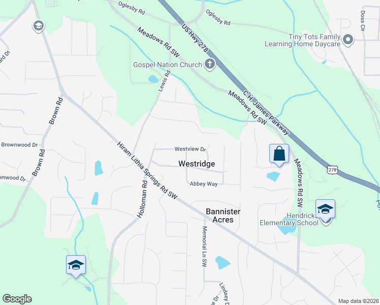 map of restaurants, bars, coffee shops, grocery stores, and more near 4513 Westview Drive in Powder Springs
