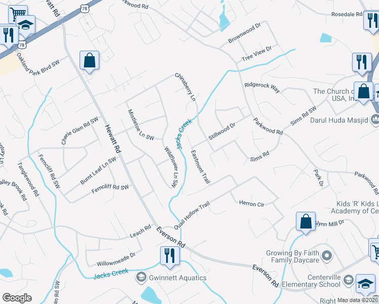 map of restaurants, bars, coffee shops, grocery stores, and more near 2591 Eastmont Trail in Snellville