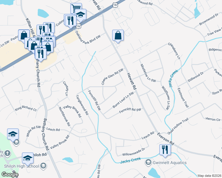 map of restaurants, bars, coffee shops, grocery stores, and more near 3852 Tanglewood Road in Snellville