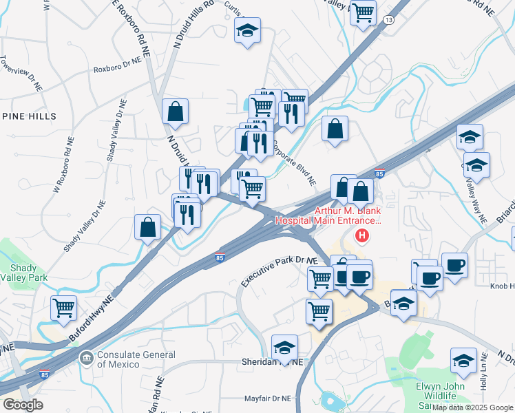 map of restaurants, bars, coffee shops, grocery stores, and more near North Druid Hills Road in Atlanta