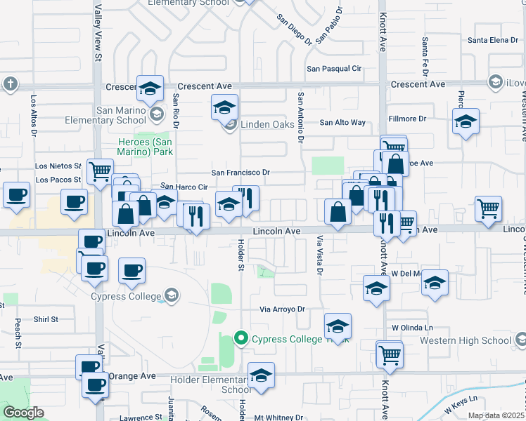 map of restaurants, bars, coffee shops, grocery stores, and more near 10 Cannery in Buena Park