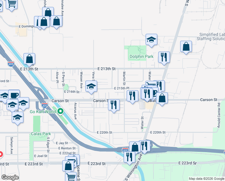 map of restaurants, bars, coffee shops, grocery stores, and more near 1514 East 215th Place in Carson