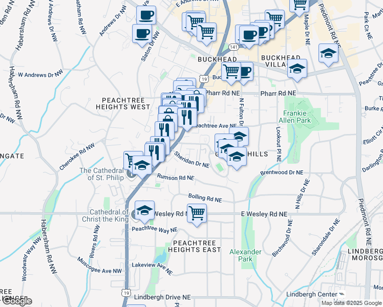 map of restaurants, bars, coffee shops, grocery stores, and more near 58 Sheridan Drive Northeast in Atlanta