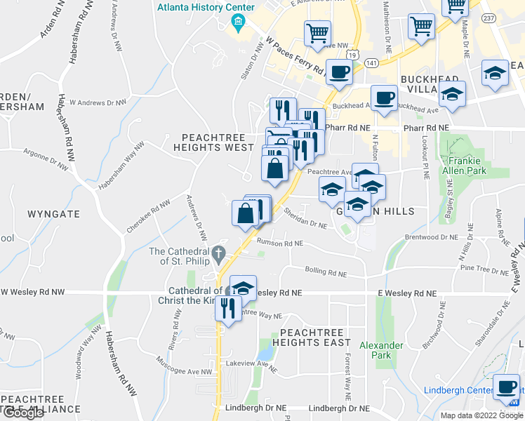 map of restaurants, bars, coffee shops, grocery stores, and more near 2814 Peachtree Road Northwest in Atlanta