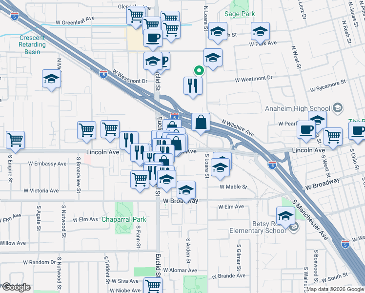 map of restaurants, bars, coffee shops, grocery stores, and more near 1643 West Lincoln Avenue in Anaheim