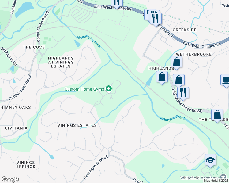 map of restaurants, bars, coffee shops, grocery stores, and more near 582 Vinings Estates Drive Southeast in Mableton