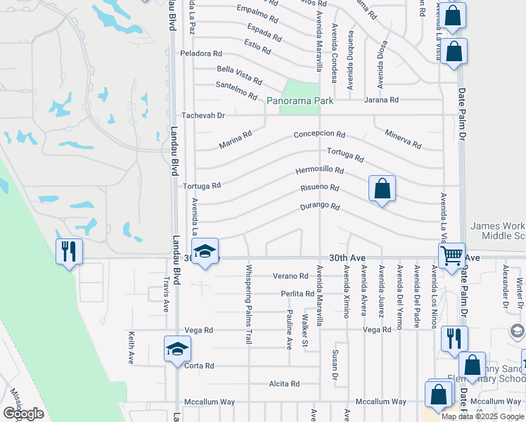 map of restaurants, bars, coffee shops, grocery stores, and more near 68290 Durango Road in Cathedral City