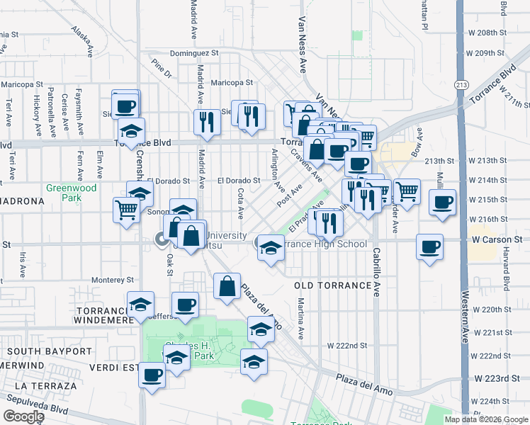 map of restaurants, bars, coffee shops, grocery stores, and more near 1547 Post Avenue in Torrance