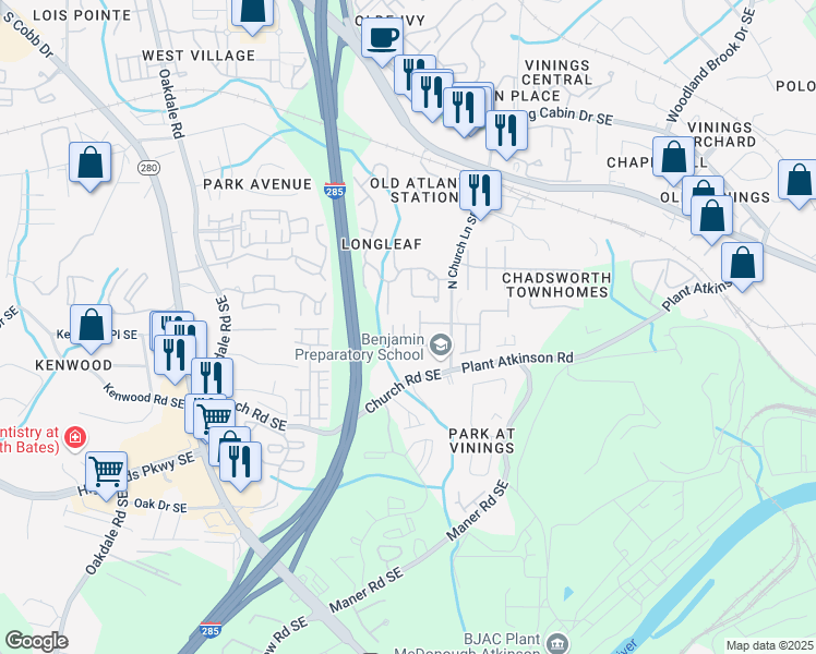map of restaurants, bars, coffee shops, grocery stores, and more near 4905 Greylock Walk Southeast in Atlanta