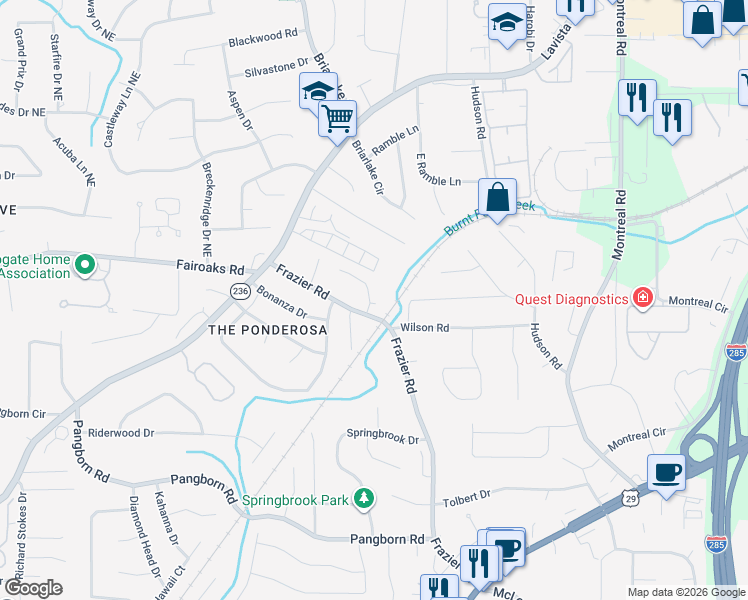 map of restaurants, bars, coffee shops, grocery stores, and more near 2980 Wilsons Crossing Court in Decatur