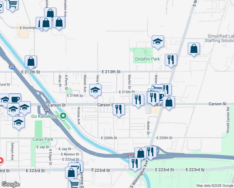 map of restaurants, bars, coffee shops, grocery stores, and more near 1514 East 215th Place in Carson
