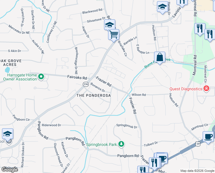 map of restaurants, bars, coffee shops, grocery stores, and more near 2906 Bonanza Drive in Decatur