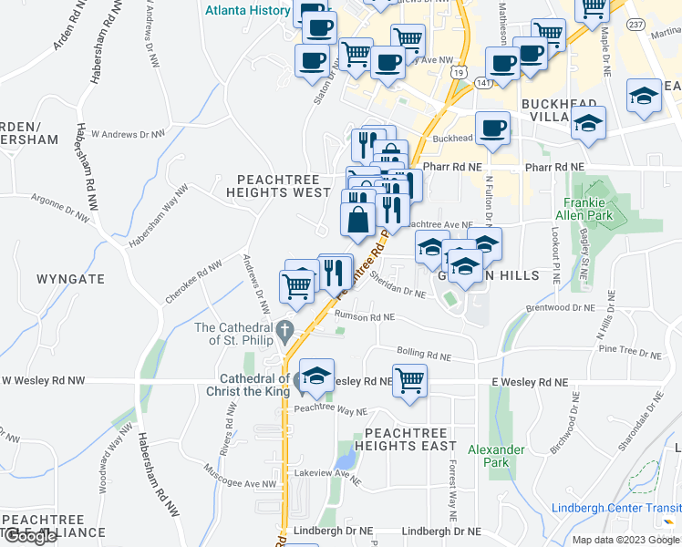 map of restaurants, bars, coffee shops, grocery stores, and more near 2840 Peachtree Road in Atlanta