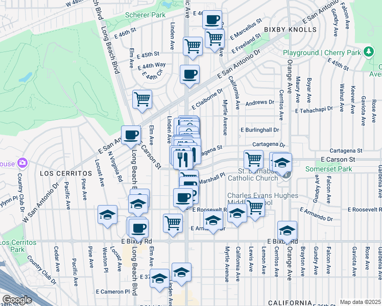 map of restaurants, bars, coffee shops, grocery stores, and more near 4134 Atlantic Avenue in Long Beach