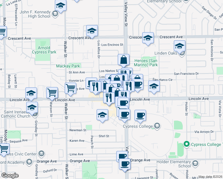 map of restaurants, bars, coffee shops, grocery stores, and more near 5885 Lincoln Avenue in Buena Park