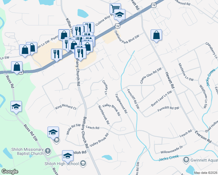 map of restaurants, bars, coffee shops, grocery stores, and more near 2360 Century Lane in Snellville