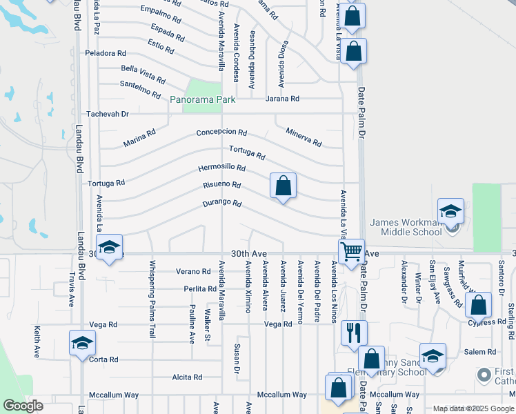 map of restaurants, bars, coffee shops, grocery stores, and more near 68705 Durango Road in Cathedral City