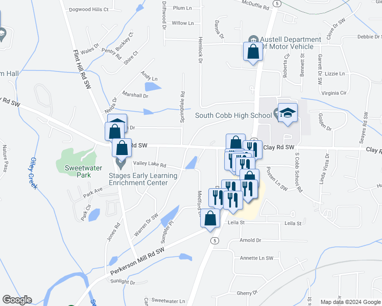 map of restaurants, bars, coffee shops, grocery stores, and more near 2151 Clay Road Southwest in Austell