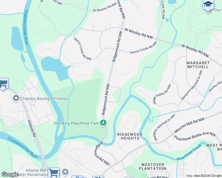 map of restaurants, bars, coffee shops, grocery stores, and more near 2841 Ridgewood Road Northwest in Atlanta
