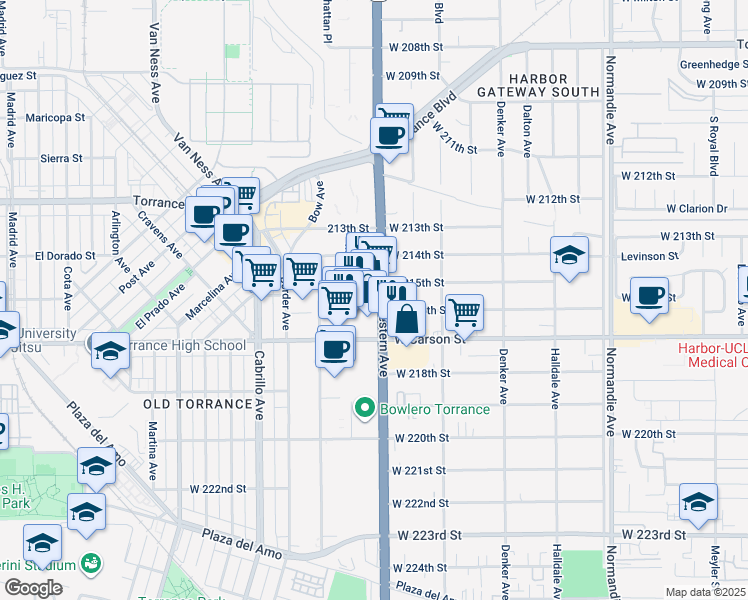 map of restaurants, bars, coffee shops, grocery stores, and more near 21557 California 213 in Torrance
