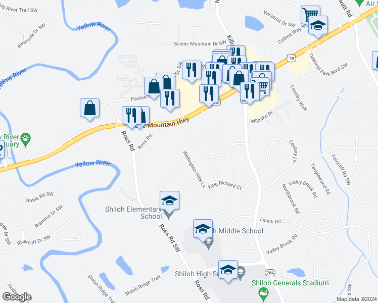 map of restaurants, bars, coffee shops, grocery stores, and more near 4248 Wellington Hills Lane in Snellville