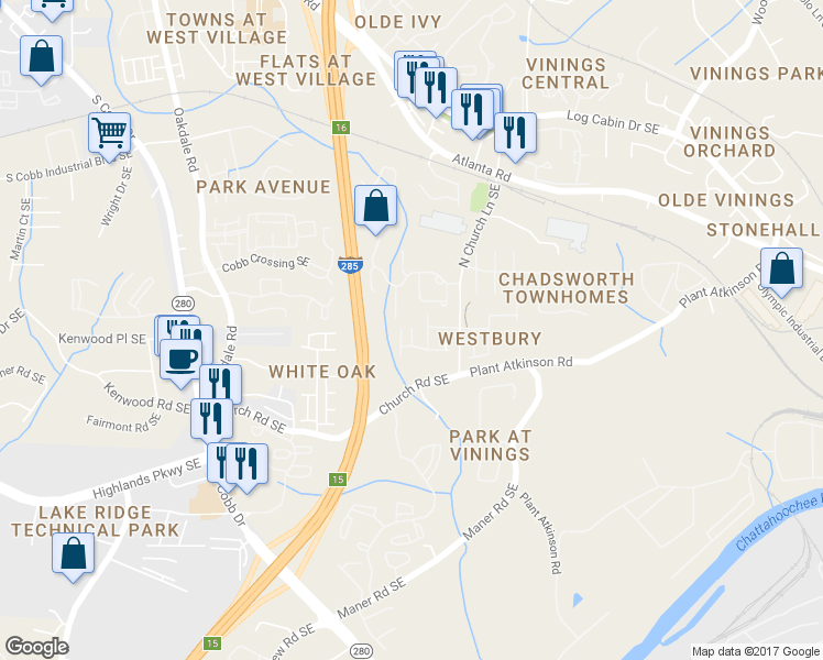 map of restaurants, bars, coffee shops, grocery stores, and more near 4929 Greylock Walk Southeast in Atlanta