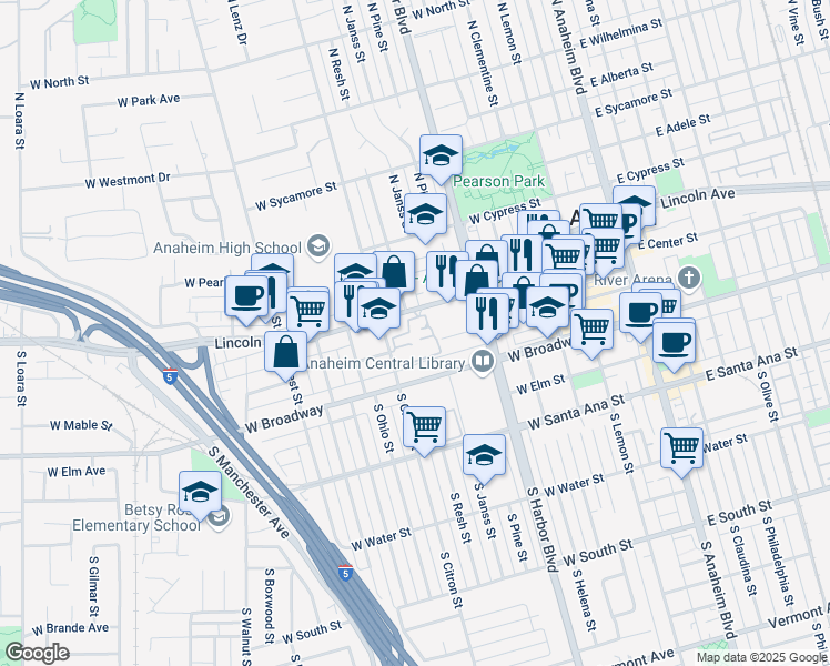 map of restaurants, bars, coffee shops, grocery stores, and more near 130 South Seneca Circle in Anaheim