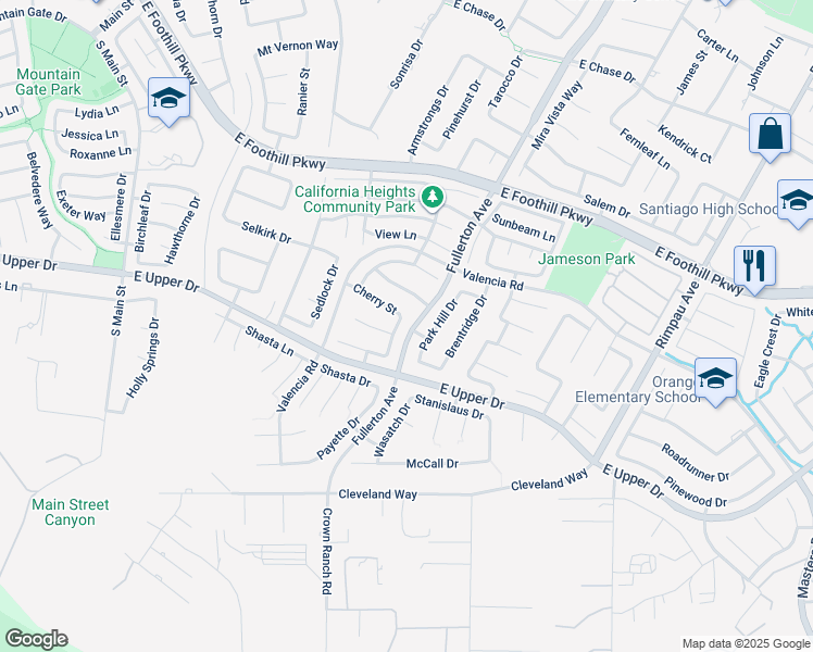 map of restaurants, bars, coffee shops, grocery stores, and more near 3640 Park Hill Drive in Corona