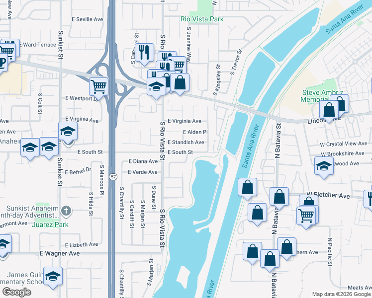 map of restaurants, bars, coffee shops, grocery stores, and more near 2836 East South Street in Anaheim