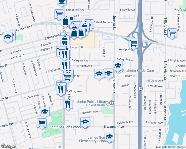 map of restaurants, bars, coffee shops, grocery stores, and more near 26750 East South Street in Anaheim
