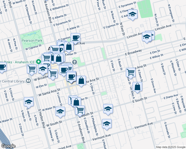map of restaurants, bars, coffee shops, grocery stores, and more near 428 South Melrose Street in Anaheim