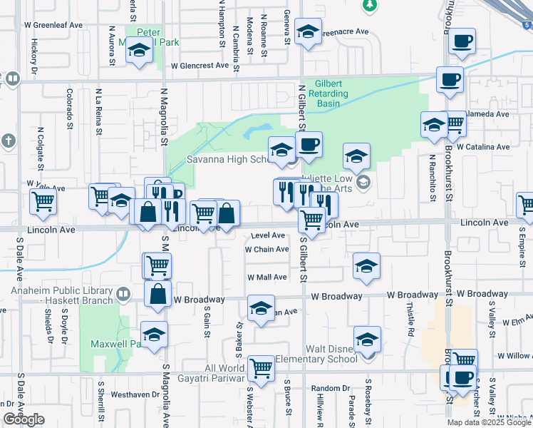 map of restaurants, bars, coffee shops, grocery stores, and more near 2455 Level Avenue in Anaheim