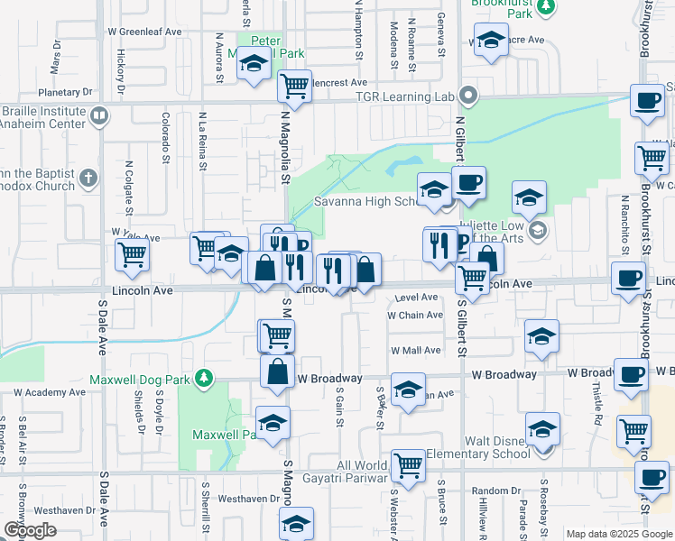 map of restaurants, bars, coffee shops, grocery stores, and more near 2535 West Lincoln Avenue in Anaheim