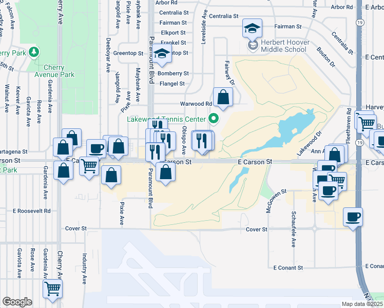 map of restaurants, bars, coffee shops, grocery stores, and more near 3198 East Carson Street in Lakewood