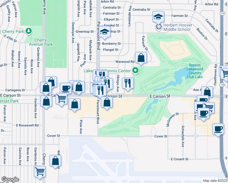 map of restaurants, bars, coffee shops, grocery stores, and more near 4101 Brock Avenue in Lakewood