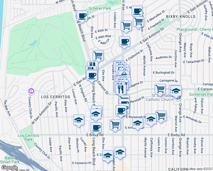 map of restaurants, bars, coffee shops, grocery stores, and more near 4043 Elm Avenue in Long Beach