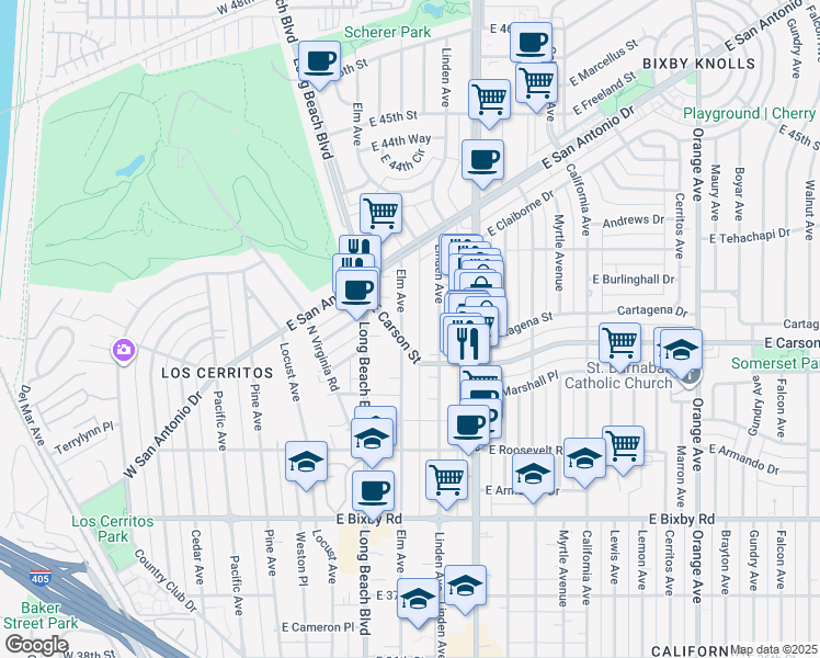 map of restaurants, bars, coffee shops, grocery stores, and more near 4043 Elm Avenue in Long Beach
