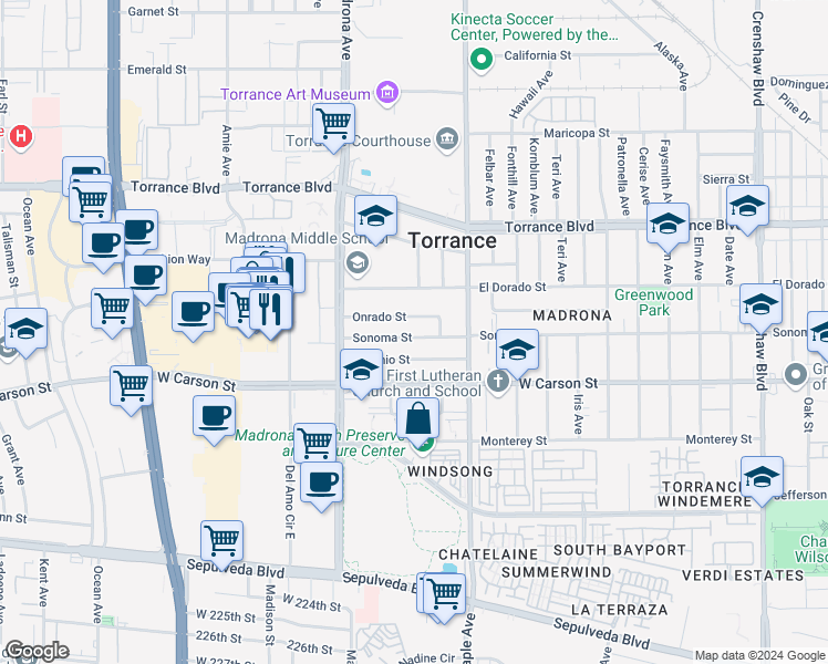 map of restaurants, bars, coffee shops, grocery stores, and more near 3202 Sonoma Street in Torrance