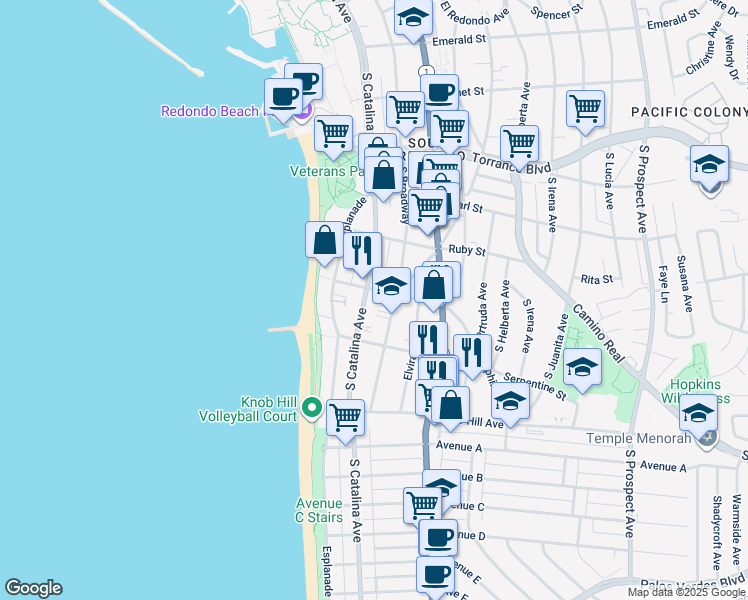 map of restaurants, bars, coffee shops, grocery stores, and more near in Redondo Beach