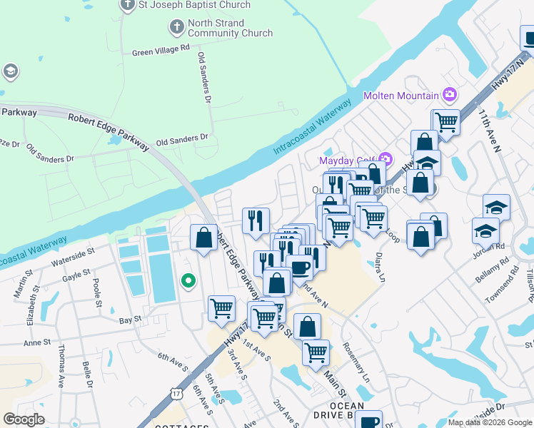 map of restaurants, bars, coffee shops, grocery stores, and more near 301 Lorenzo Drive in North Myrtle Beach