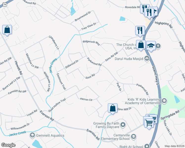 map of restaurants, bars, coffee shops, grocery stores, and more near 2690 Loch Way in Snellville