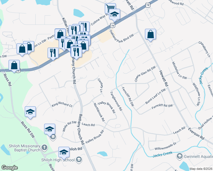 map of restaurants, bars, coffee shops, grocery stores, and more near 2360 Century Lane in Snellville