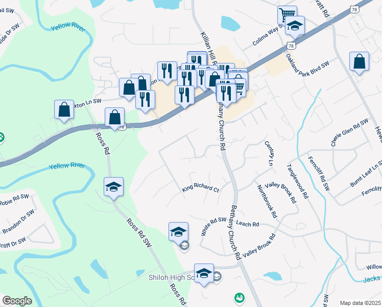 map of restaurants, bars, coffee shops, grocery stores, and more near 4153 Wellington Hills Drive in Snellville