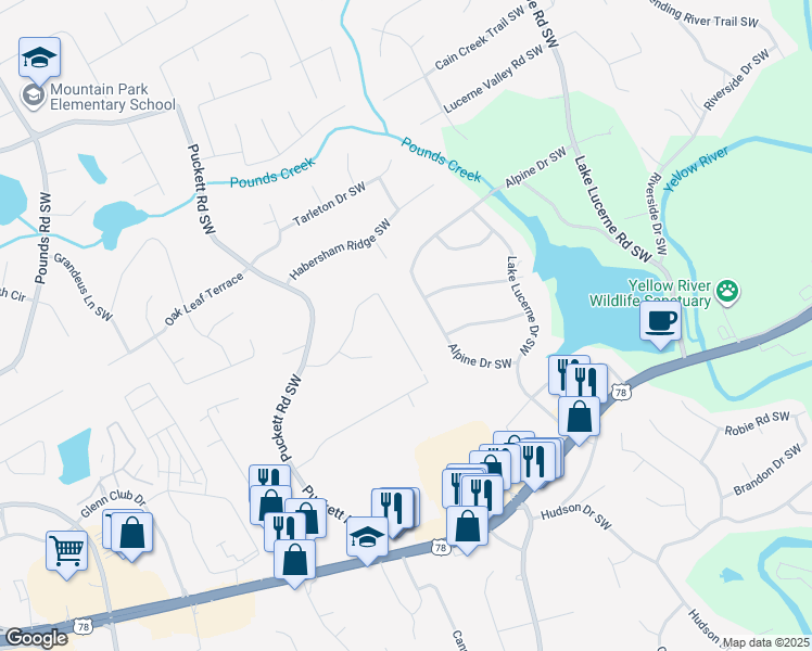 map of restaurants, bars, coffee shops, grocery stores, and more near 4751 Valley Dale Drive Southwest in Lilburn