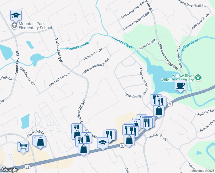 map of restaurants, bars, coffee shops, grocery stores, and more near 4883 Valley Dale Court Southwest in Lilburn