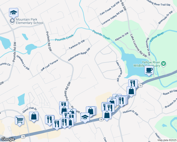 map of restaurants, bars, coffee shops, grocery stores, and more near 4883 Valley Dale Court Southwest in Lilburn