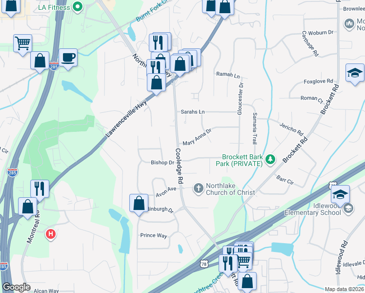 map of restaurants, bars, coffee shops, grocery stores, and more near 1719 Cooledge Road in Tucker